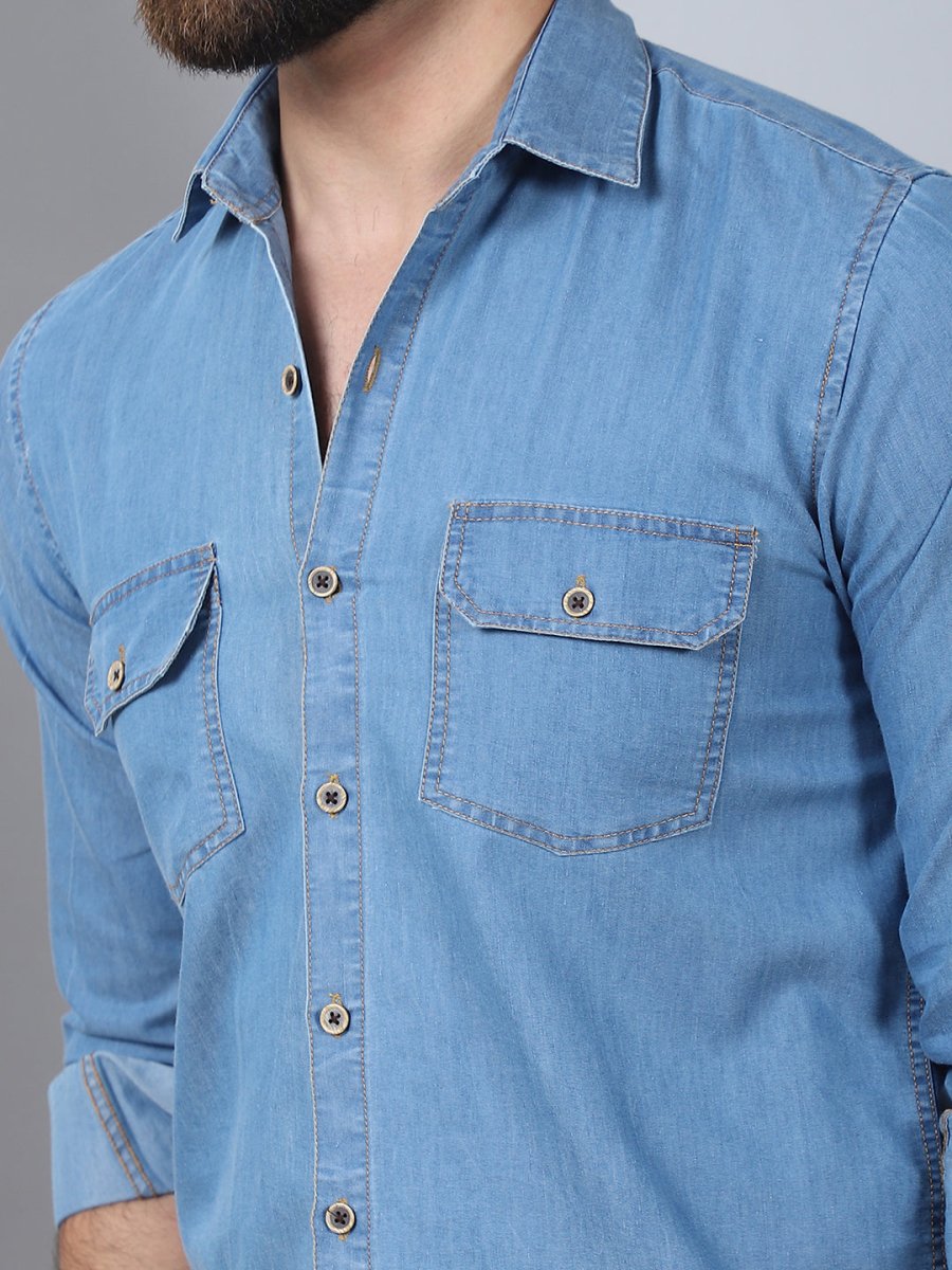 Faded Cotton Denim Casual Shirt - SF_924LIght-Blue_S