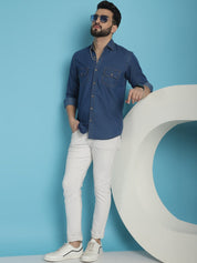 Faded Cotton Denim Casual Shirt - SF_924Blue_S
