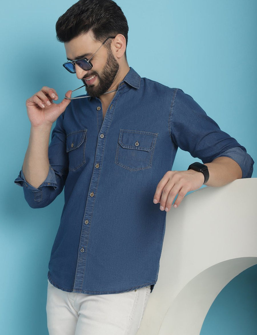 Faded Cotton Denim Casual Shirt - SF_924Blue_S