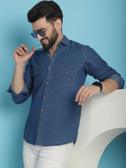 Faded Cotton Denim Casual Shirt - SF_924Blue_S