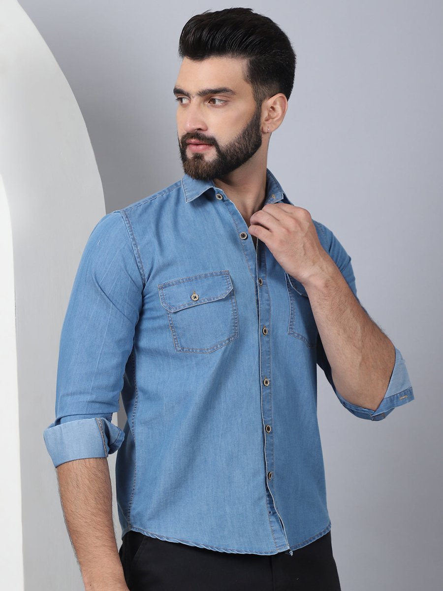Faded Cotton Denim Casual Shirt - SF_924LIght-Blue_S