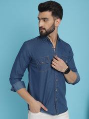 Faded Cotton Denim Casual Shirt - SF_924Blue_S