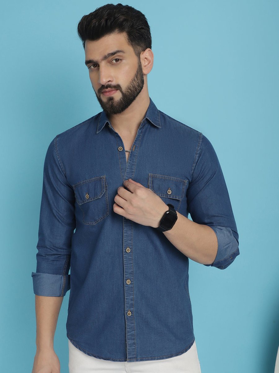 Faded Cotton Denim Casual Shirt - SF_924Blue_S