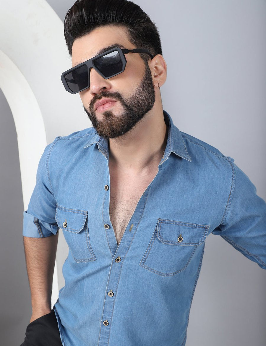 Faded Cotton Denim Casual Shirt - SF_924LIght-Blue_S
