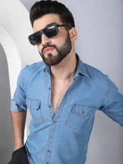 Faded Cotton Denim Casual Shirt - SF_924LIght-Blue_S