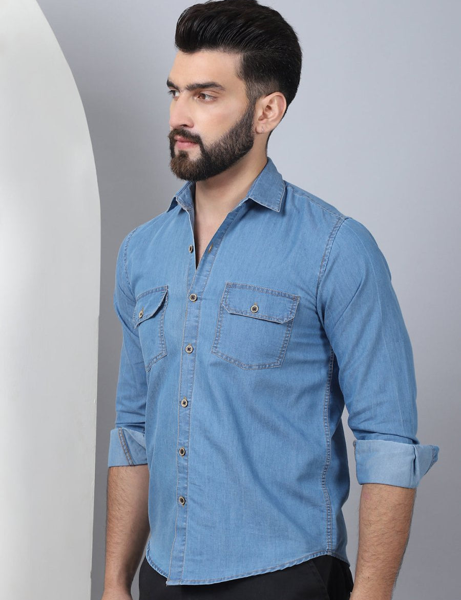 Faded Cotton Denim Casual Shirt - SF_924LIght-Blue_S