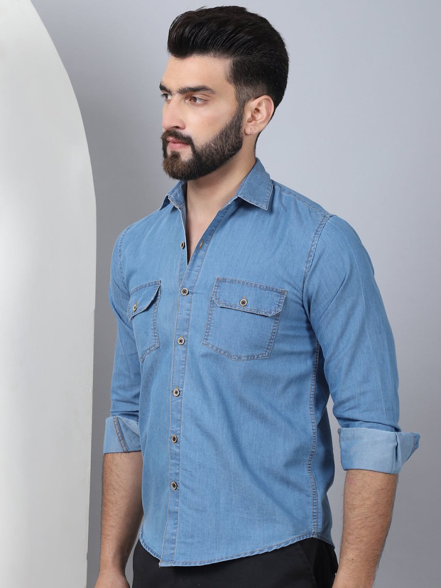 Faded Cotton Denim Casual Shirt - SF_924LIght-Blue_S