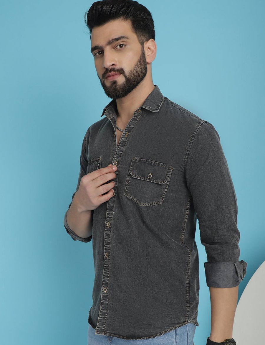 Faded Cotton Denim Casual Shirt - SF_924Charcoal_S
