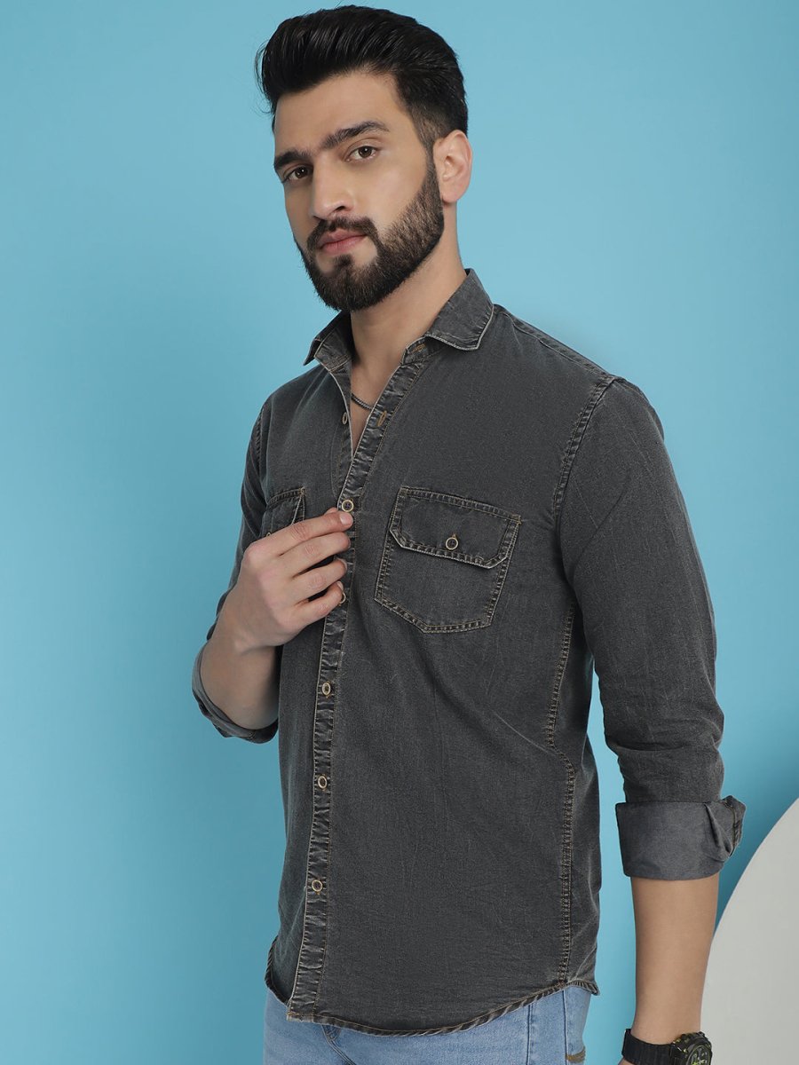 Faded Cotton Denim Casual Shirt - SF_924Charcoal_S
