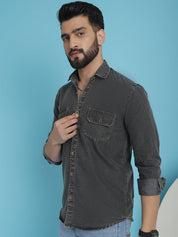 Faded Cotton Denim Casual Shirt - SF_924Charcoal_S