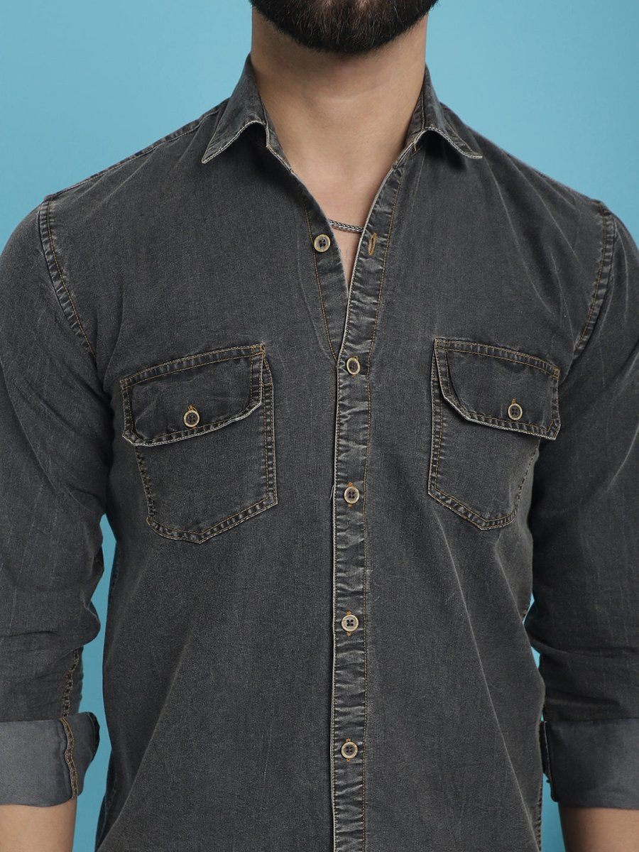 Faded Cotton Denim Casual Shirt - SF_924Charcoal_S