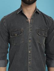 Faded Cotton Denim Casual Shirt - SF_924Charcoal_S