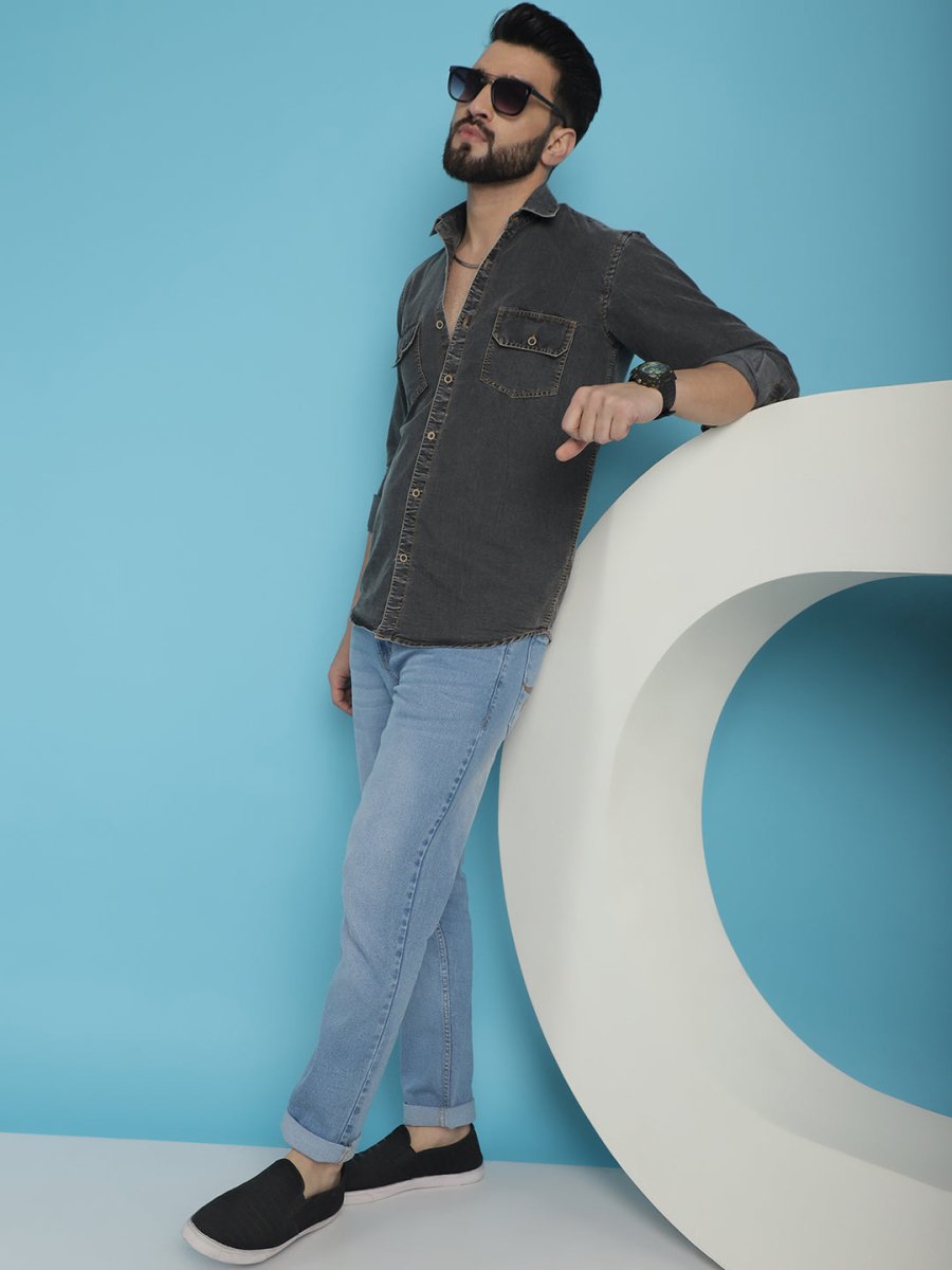 Faded Cotton Denim Casual Shirt - SF_924Charcoal_S