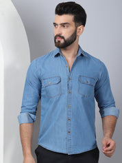 Faded Cotton Denim Casual Shirt - SF_924LIght-Blue_S