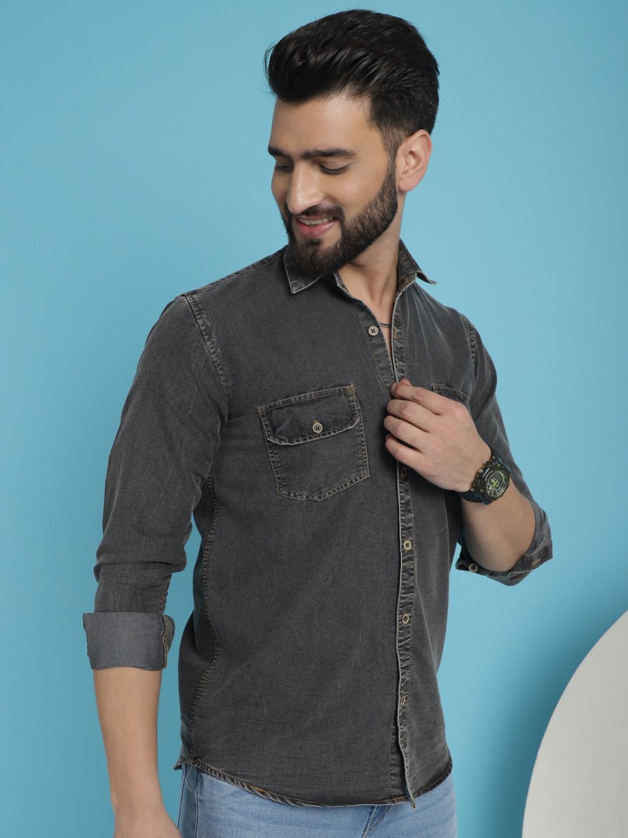 Faded Cotton Denim Casual Shirt - SF_924Charcoal_S
