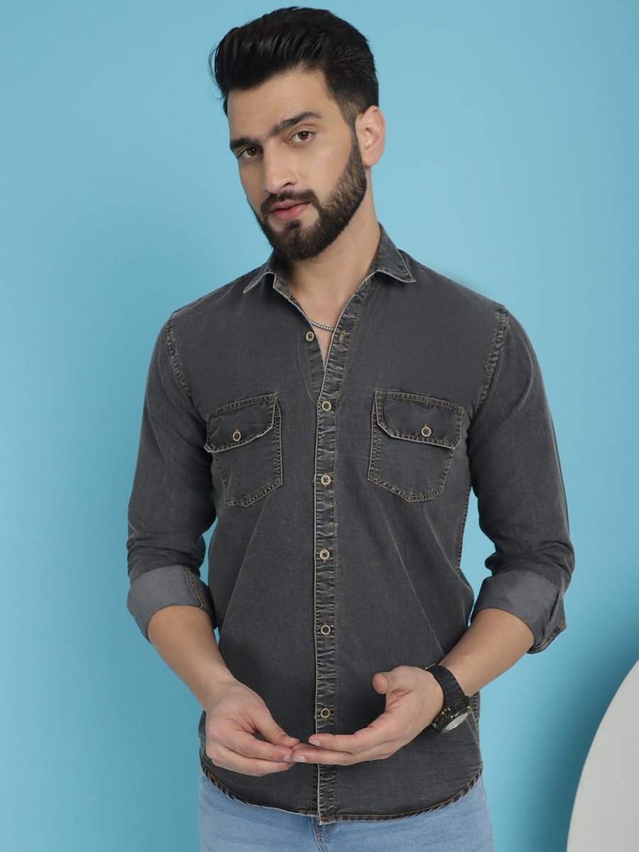 Faded Cotton Denim Casual Shirt - SF_924Charcoal_S