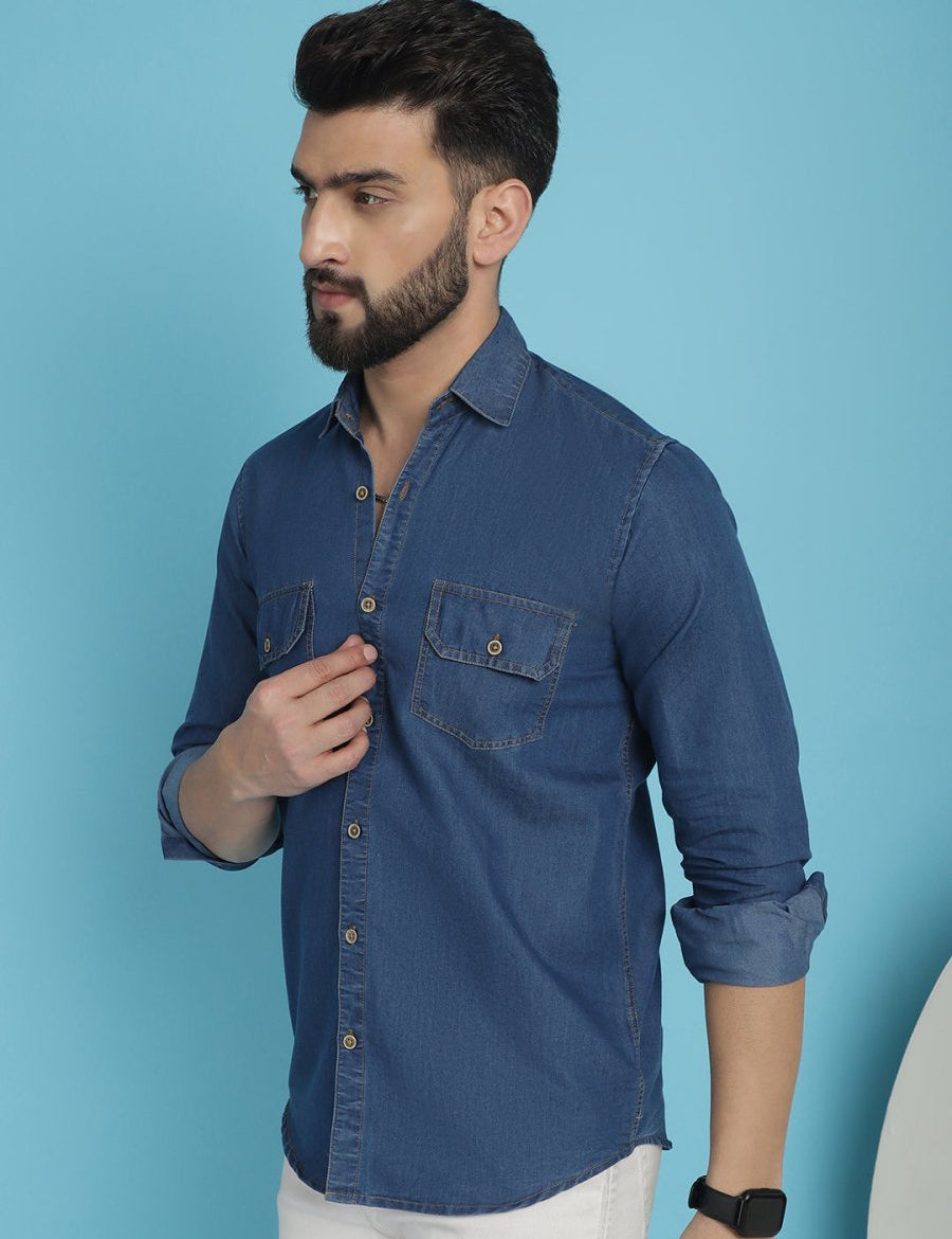 Faded Cotton Denim Casual Shirt - SF_924Blue_S