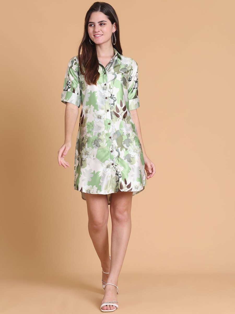 Floral Print A-Line Mini Dress for Women - JND_1042Green_XS