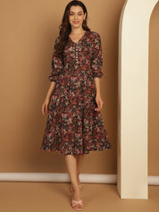 Floral Print Puff Sleeves Crepe Dress - JND_1008Black_XS