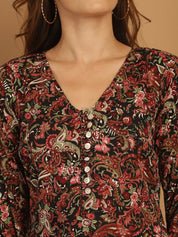 Floral Print Puff Sleeves Crepe Dress - JND_1008Black_XS