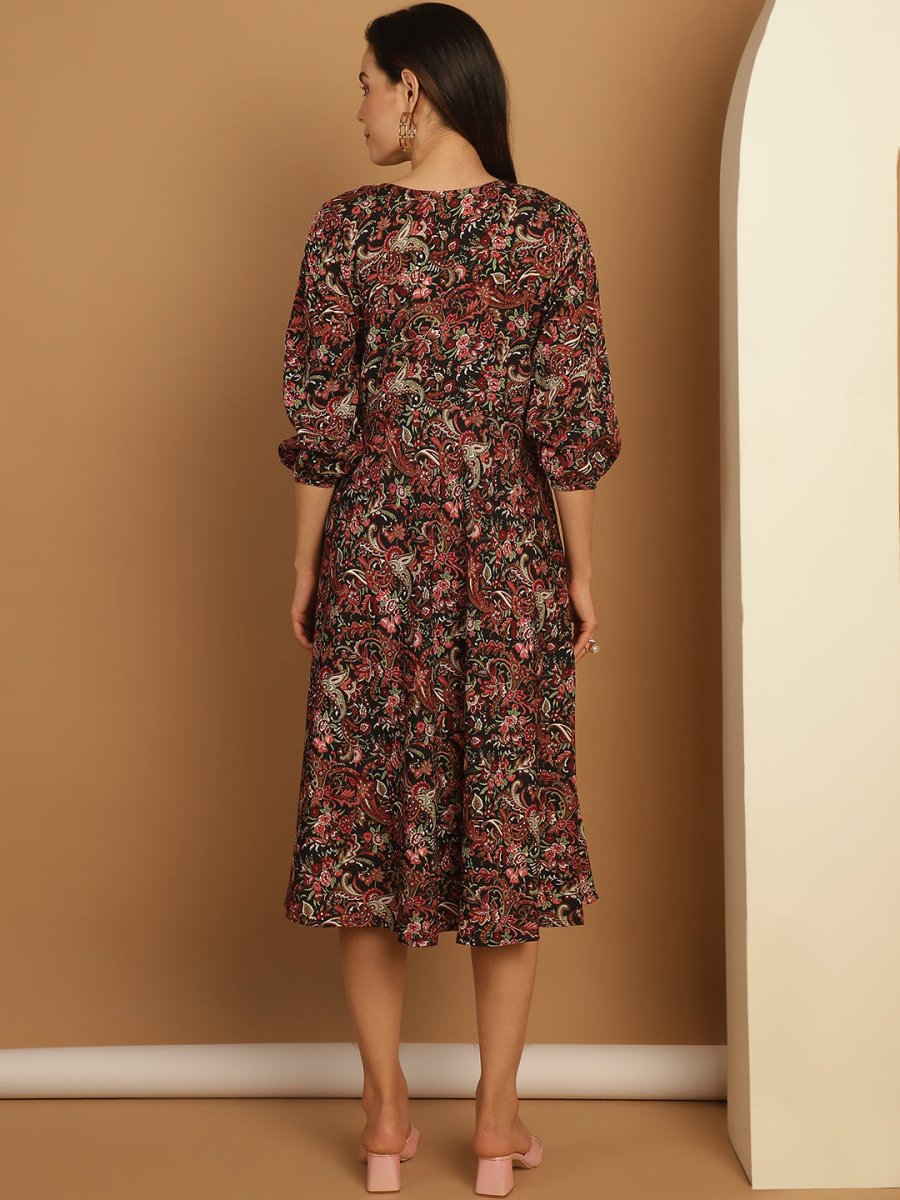 Floral Print Puff Sleeves Crepe Dress - JND_1008Black_XS