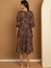 Floral Print Puff Sleeves Crepe Dress - JND_1008Black_XS