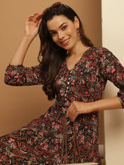 Floral Print Puff Sleeves Crepe Dress - JND_1008Black_XS