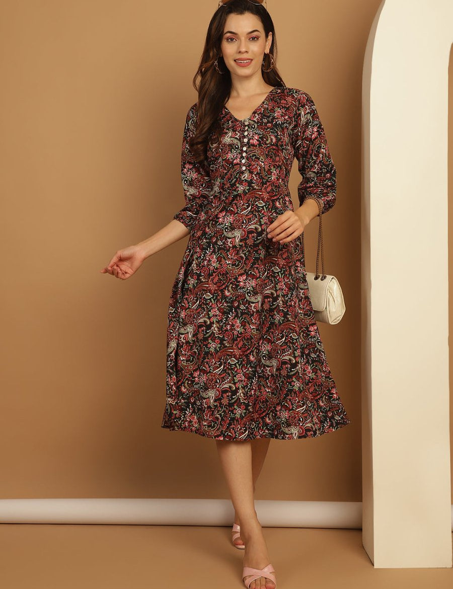 Floral Print Puff Sleeves Crepe Dress - JND_1008Black_XS