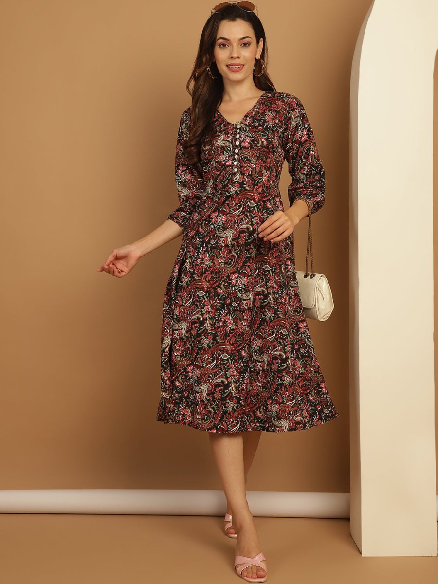 Floral Print Puff Sleeves Crepe Dress - JND_1008Black_XS