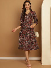 Floral Print Puff Sleeves Crepe Dress - JND_1008Black_XS