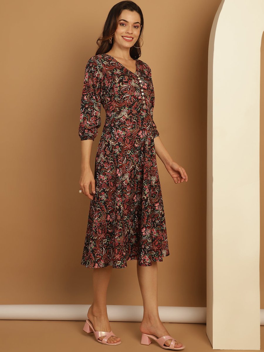 Floral Print Puff Sleeves Crepe Dress - JND_1008Black_XS