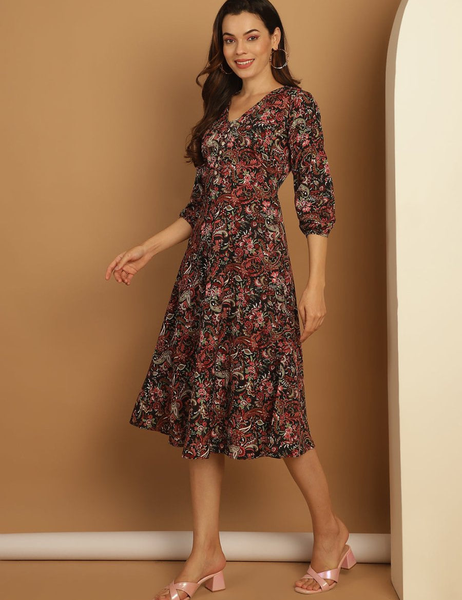 Floral Print Puff Sleeves Crepe Dress - JND_1008Black_XS