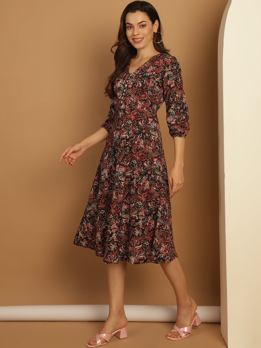 Floral Print Puff Sleeves Crepe Dress - JND_1008Black_XS