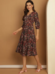 Floral Print Puff Sleeves Crepe Dress - JND_1008Black_XS