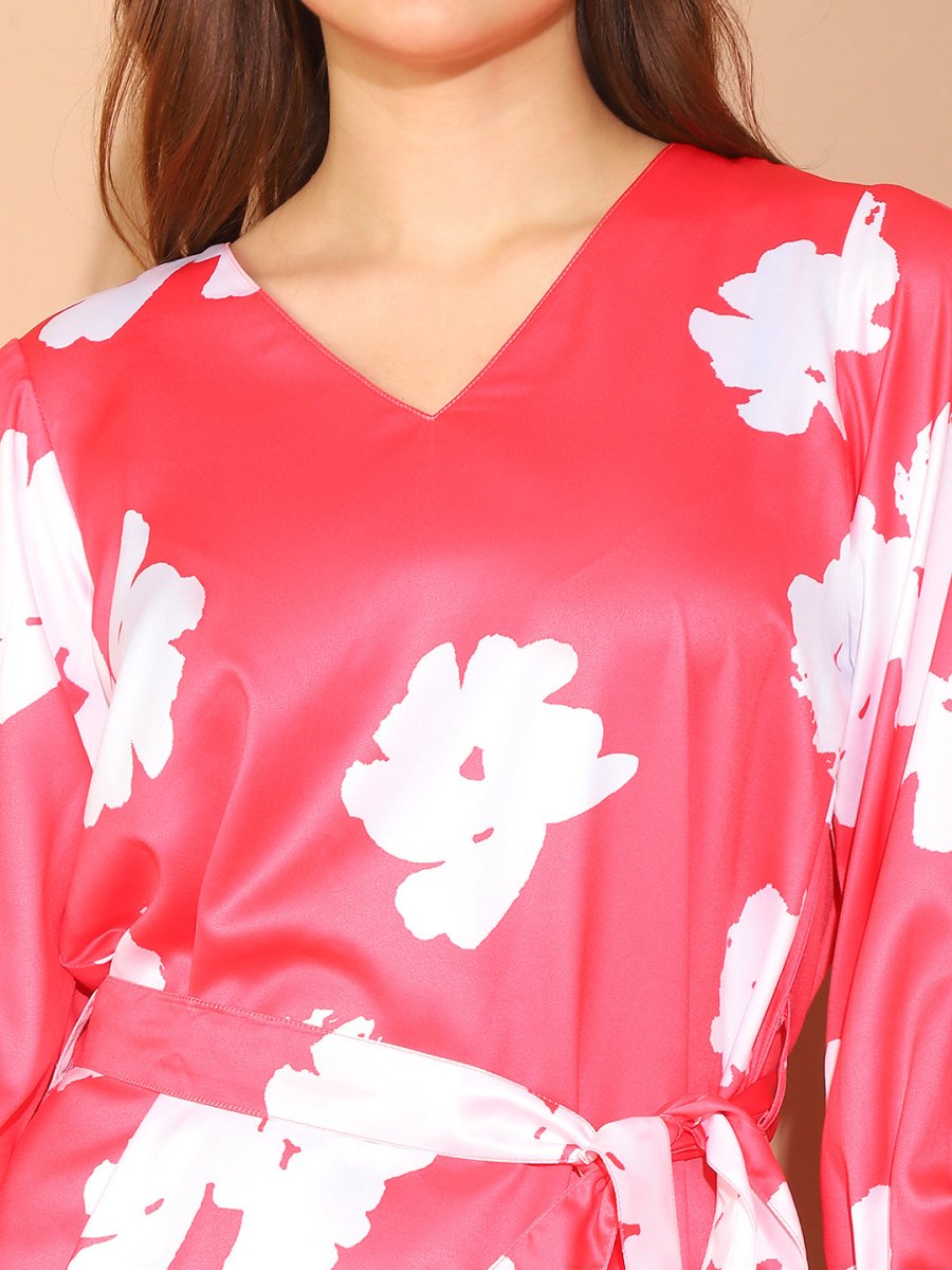 Floral Print Satin Dress - JND_1039Pink_XS