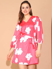 Floral Print Satin Dress - JND_1039Pink_XS