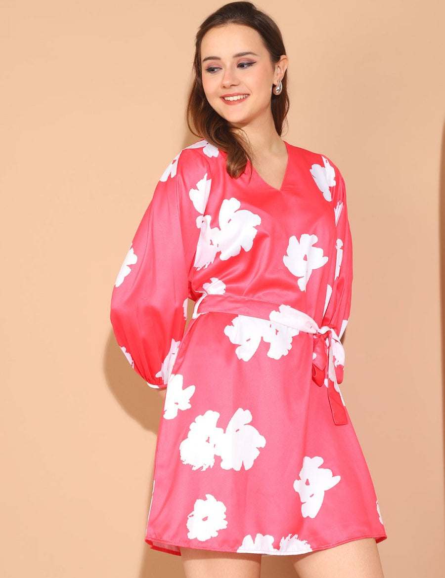 Floral Print Satin Dress - JND_1039Pink_XS