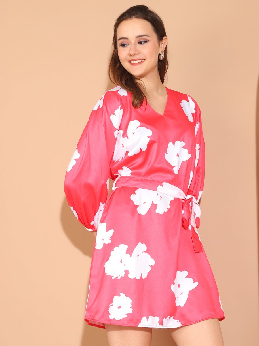 Floral Print Satin Dress - JND_1039Pink_XS