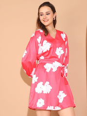 Floral Print Satin Dress - JND_1039Pink_XS