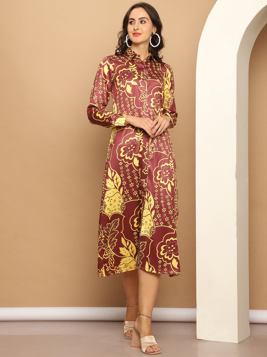 Floral Printed A-line Dress for Women - JND_1037Brown_XS