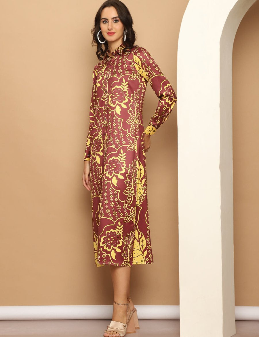 Floral Printed A-line Dress for Women - JND_1037Brown_XS