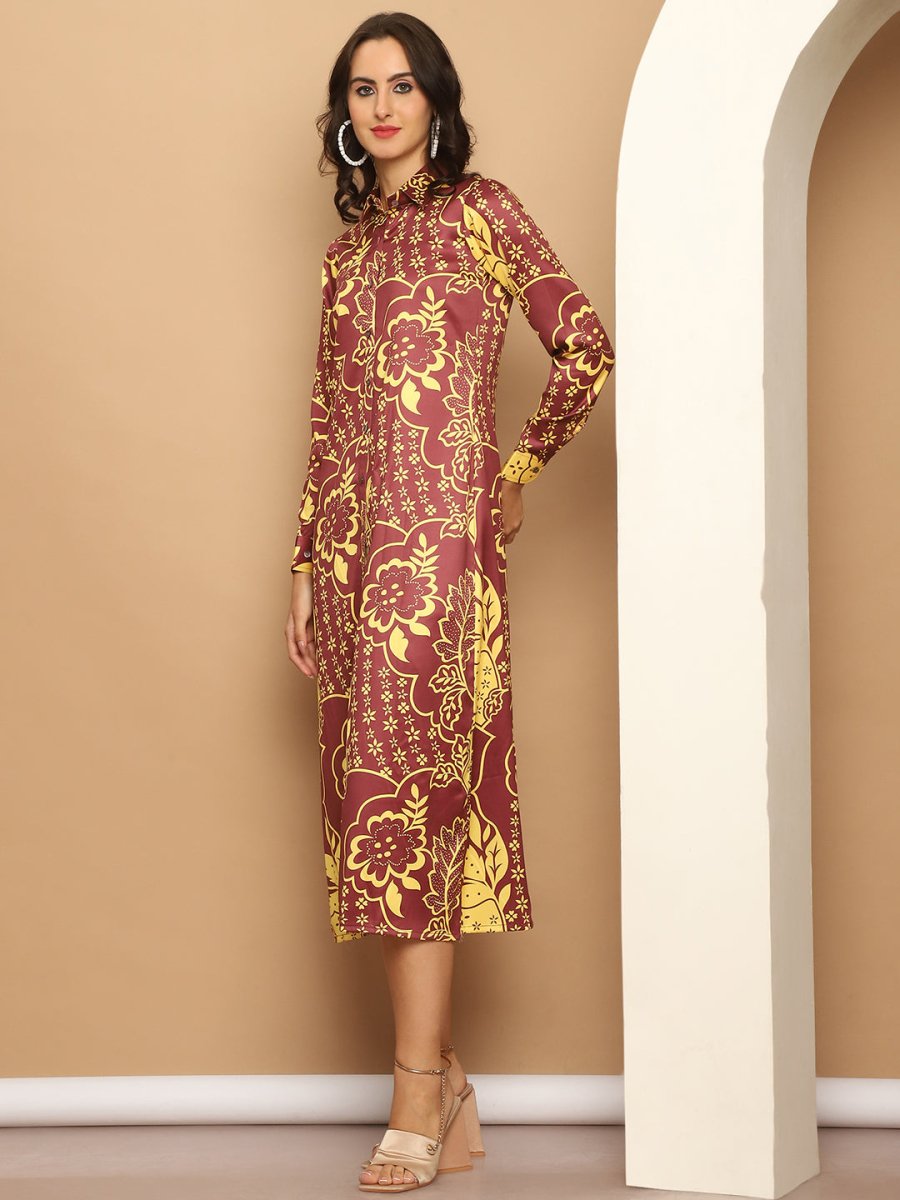 Floral Printed A-line Dress for Women - JND_1037Brown_XS