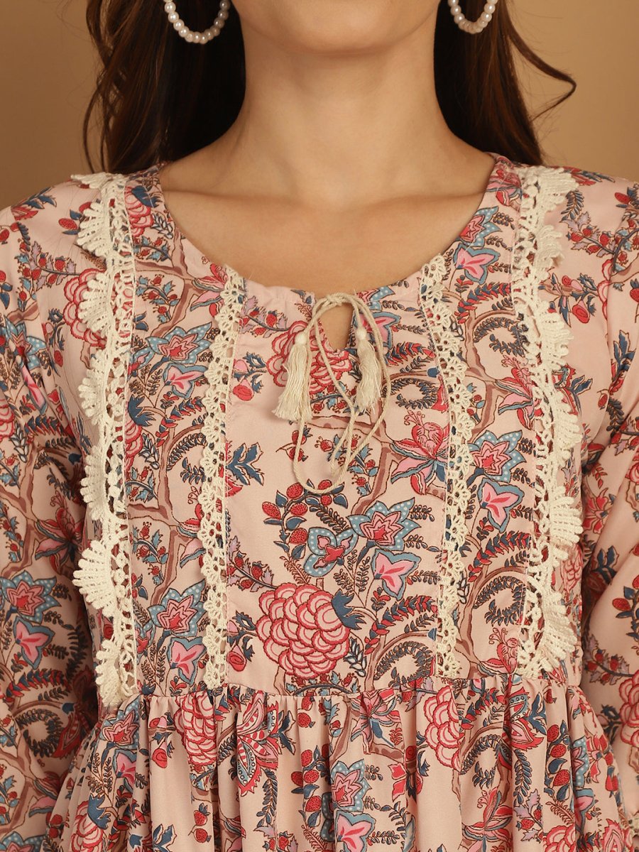 Floral Printed A-Line Dress - JND_1028Pink_XS