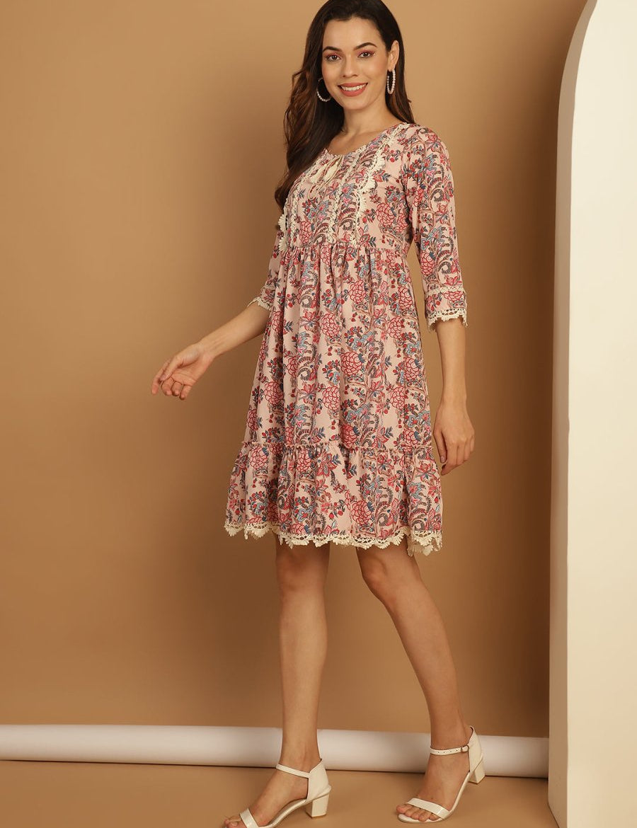 Floral Printed A-Line Dress - JND_1028Pink_XS