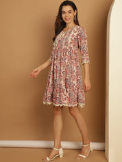 Floral Printed A-Line Dress - JND_1028Pink_XS