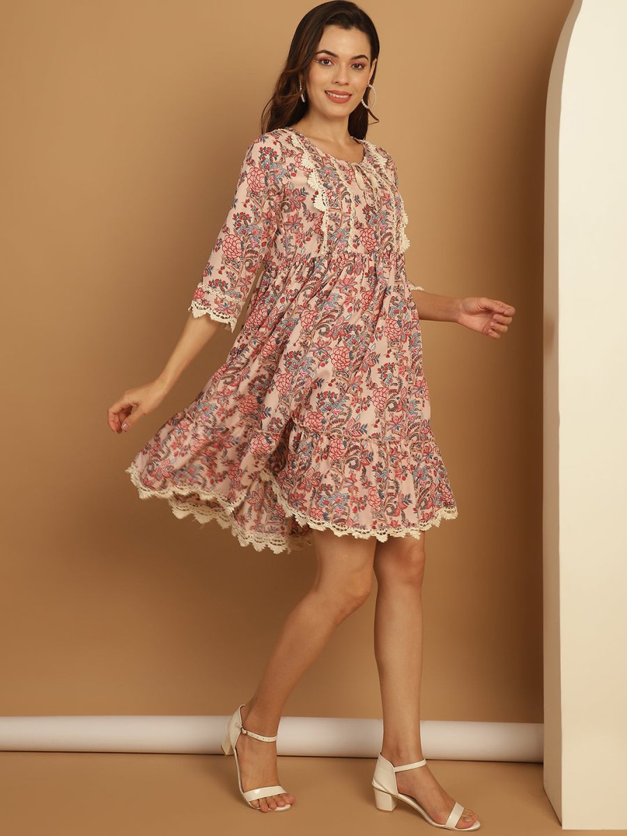 Floral Printed A-Line Dress - JND_1028Pink_XS
