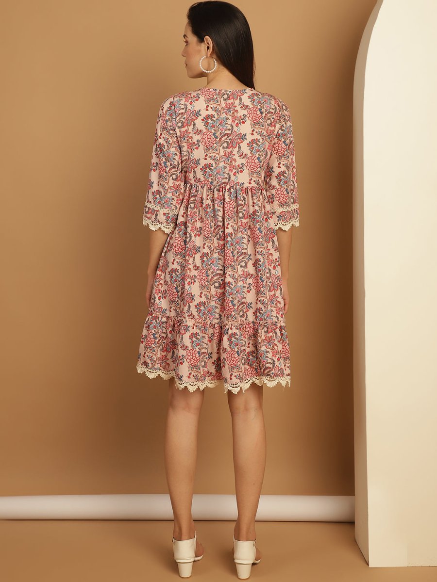 Floral Printed A-Line Dress - JND_1028Pink_XS