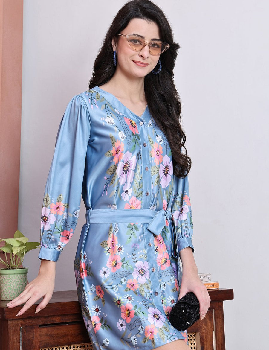 Floral Printed Above Knee Dress for Women - JND_1040Grey_XS