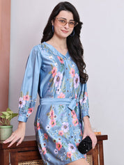 Floral Printed Above Knee Dress for Women - JND_1040Grey_XS