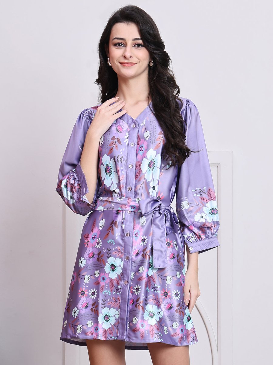 Floral Printed Above Knee Dress for Women - JND_1040Purple_XS